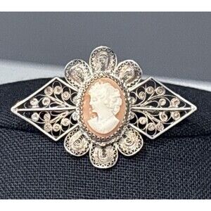 Antique 900 Silver Filigree Shell Cameo Brooch Vintage Marked ISCE